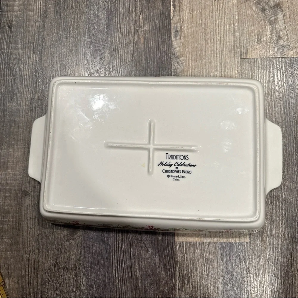 Christopher Radko White Baking Dish with Green Trim and Christmas Tree